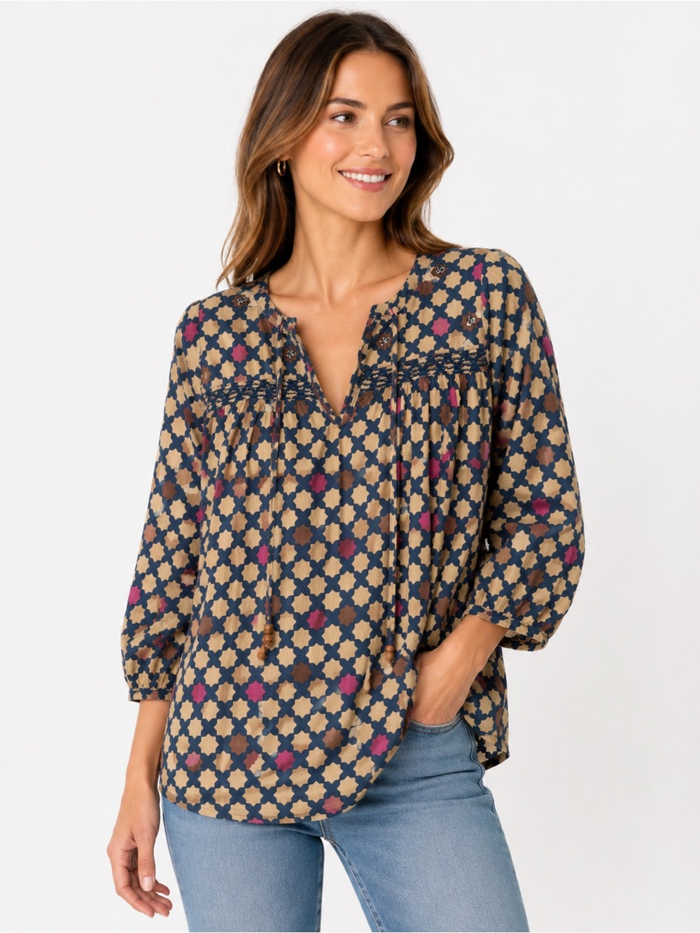 Pink Chicken NY Geometric Print Cotton Boho Tunic Top Small